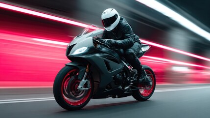 Fototapeta premium Fast Motorcycle Ride in Futuristic Tunnel at Night