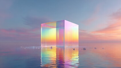 Opalescent cube shimmering above calm water reflects the colorful pastel sunset sky. Serene, minimal, and surreal