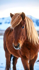 A majestic brown horse in a snowy landscape