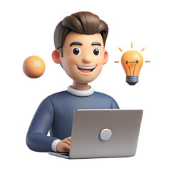 Young Smiling Man James Working on Laptop with Light Bulb Idea &ndash; Freelance Job, Creativity, Innovation & Business Concept, 3D Illustration