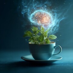 A Cup of Tea with Mint Leaves Forming a Luminous Glow