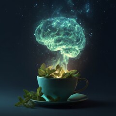 A Cup of Tea with Mint Leaves Forming a Luminous Glow