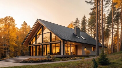 A stunning modern house with large windows and a striking dark roof, nestled in a vibrant autumn forest at sunset. This architectural masterpiece blends seamlessly with its natural surroundings