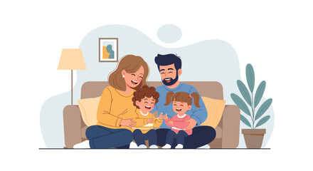 Happy family sitting on a couch, perfect for family blogs, websites or brochures.