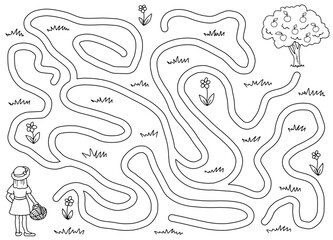 Girl garden maze graphic black white sketch illustration vector