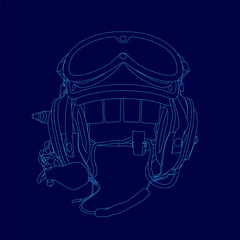A blue line drawing of a pilot's helmet with a crisp white contour stands out against a matching blue background. The minimalist design highlights clean outlines and smooth curves.