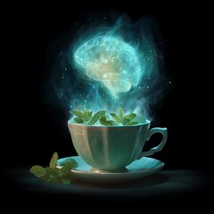A Cup of Tea with Mint Leaves Forming a Luminous Glow