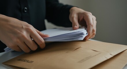 Person sorting through a stack of documents on top of large brown envelopes