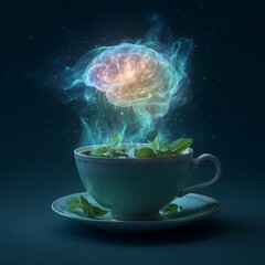 A Cup of Tea with Mint Leaves Forming a Luminous Glow