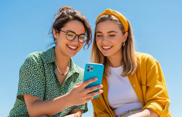 Two young women smile brightly while looking at a phone together under a clear and sunny blue sky.