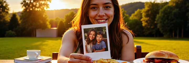 Young woman smiling while holding a photo at outdoor picnic setting for World Photography Day  