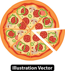 Classic Italian pepperoni pizza with green peppers and mushrooms, sliced vector graphic.