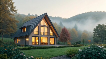 A magnificent modern A-frame house with glowing interior lights and expansive windows, set against a backdrop of mist-shrouded mountains and an autumn forest