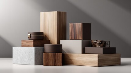Stacked brown wooden cubes in geometric arrangement with soft light and minimal neutral interior background