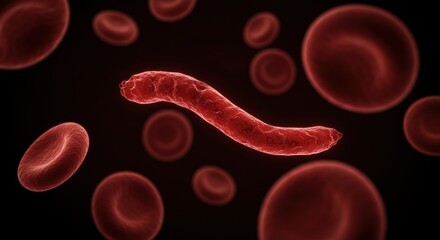 Sickle cell anemia illustrated, depicting elongated red blood cells in circulation