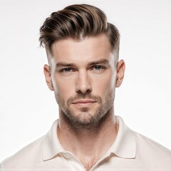 Obraz premium Confident Individual: A striking studio portrait of a handsome man, with carefully styled hair and a calm, self-assured gaze, exuding confidence and understated elegance. 