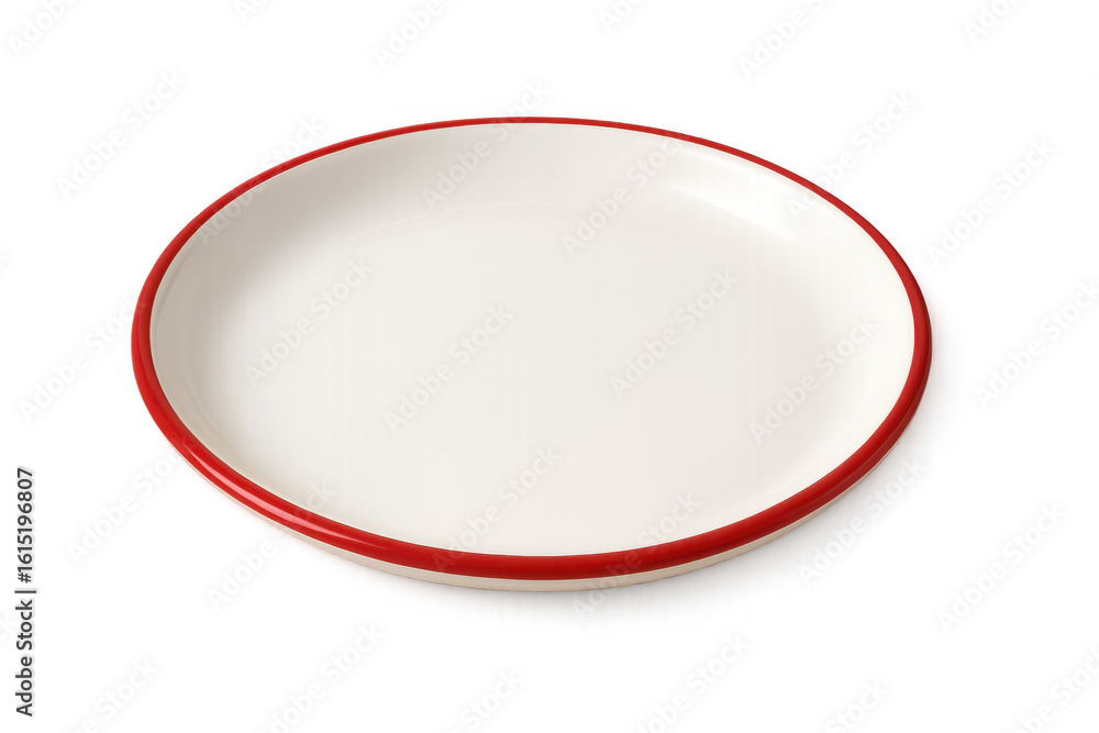 Poster round white empty plate with red edge, isolated on transparent background, ready for your design