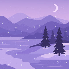 Flat vector winter night landscape with snowy trees, mountains, frozen lake, crescent moon, and falling snow. Tranquil purple scenery perfect for seasonal cards, backgrounds, and web design.