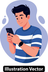 Young man in a casual striped shirt smiling while using a smartphone for communication