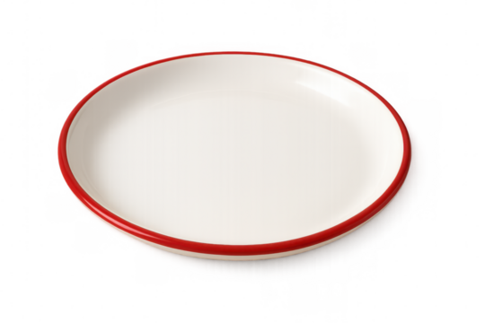 Round white empty plate with red edge, isolated on transparent background, ready for your design