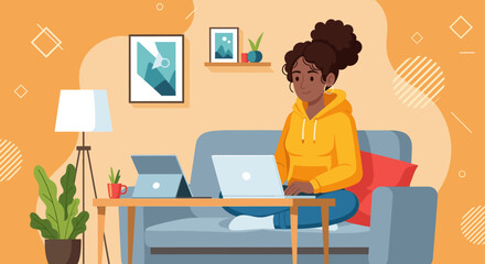 Woman working from home on laptop and tablet, perfect for remote work, freelance, or work-life balance concepts.