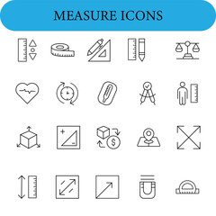 Measure icon set. Includes rulers, tape measure, protractor, compass, scale, thermometer, map pin, and heart rate symbols. Some icons depict concepts like dimension, currency exchange.