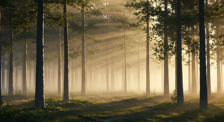 Capture the ethereal calm of a dense forest at dawn, with layers of mist weaving through the trees. Focus on soft lighting, rich textures, and mysterious depth.

