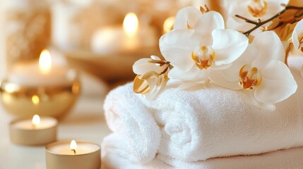 Spa Still Life with White Towels Orchids and Candlelight in Warm Ambient Lighting