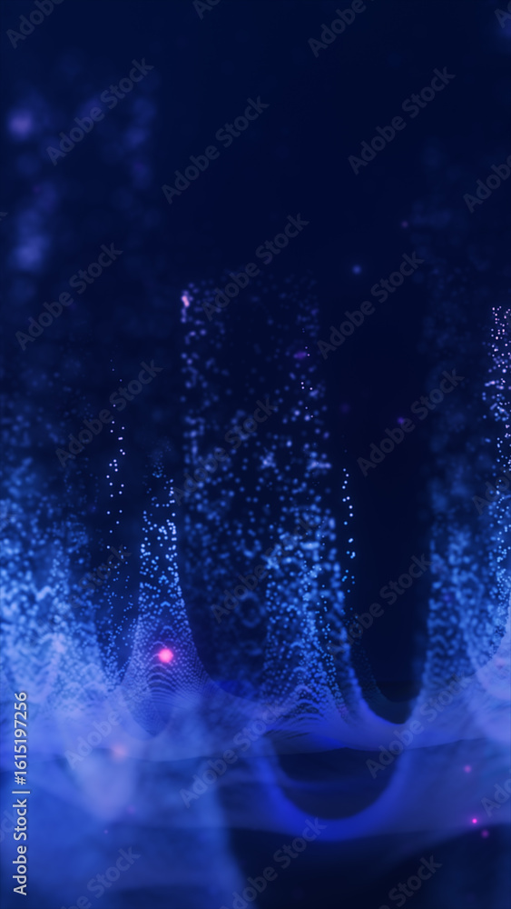 Poster abstract 3d visualization of floating particles and mesh waves in dark blue tones with glowing accen