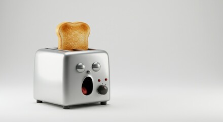 Surprised toaster with slice bread against a clean white studio backdrop