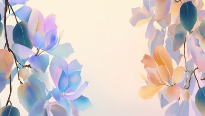 Watercolor flowers and leaves in pastel hues of blues, pinks, and oranges frame a light background. Soft focus effect. Delicate and serene