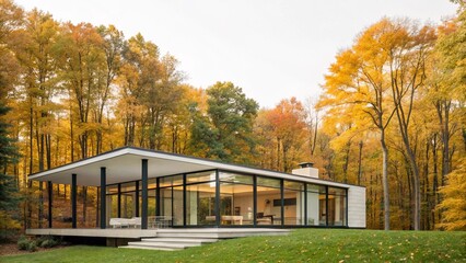 This captivating image features a sleek, flat-roofed residence nestled amidst a breathtaking autumn landscape