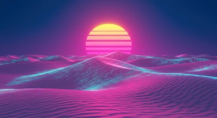 Synthwave horizon with neon desert landscape under retro sunset illumination