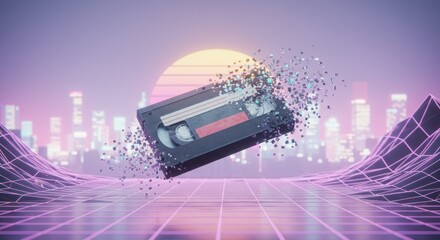 Synthwave style representation of outdated technology on a digital surface