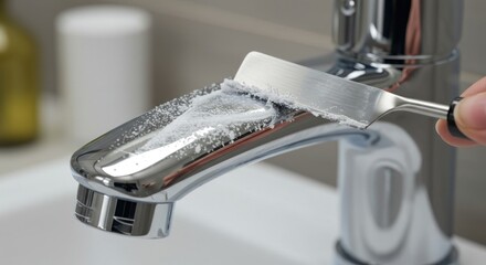 Tackling Mineral Buildup: Close-up of Removing Hard Water Stains from a Chrome Faucet