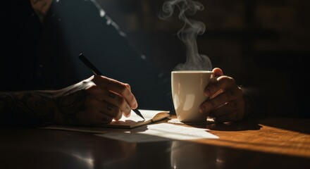 Tattooed hands writing in a notebook with steaming coffee illuminated by sunlight