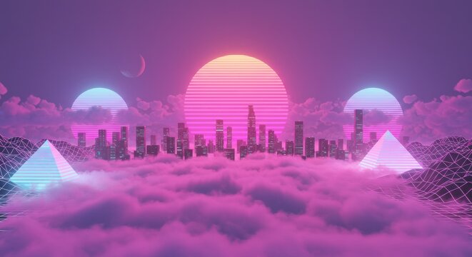 Synthwave cityscape panorama with pyramids and vaporwave aesthetic in the sky