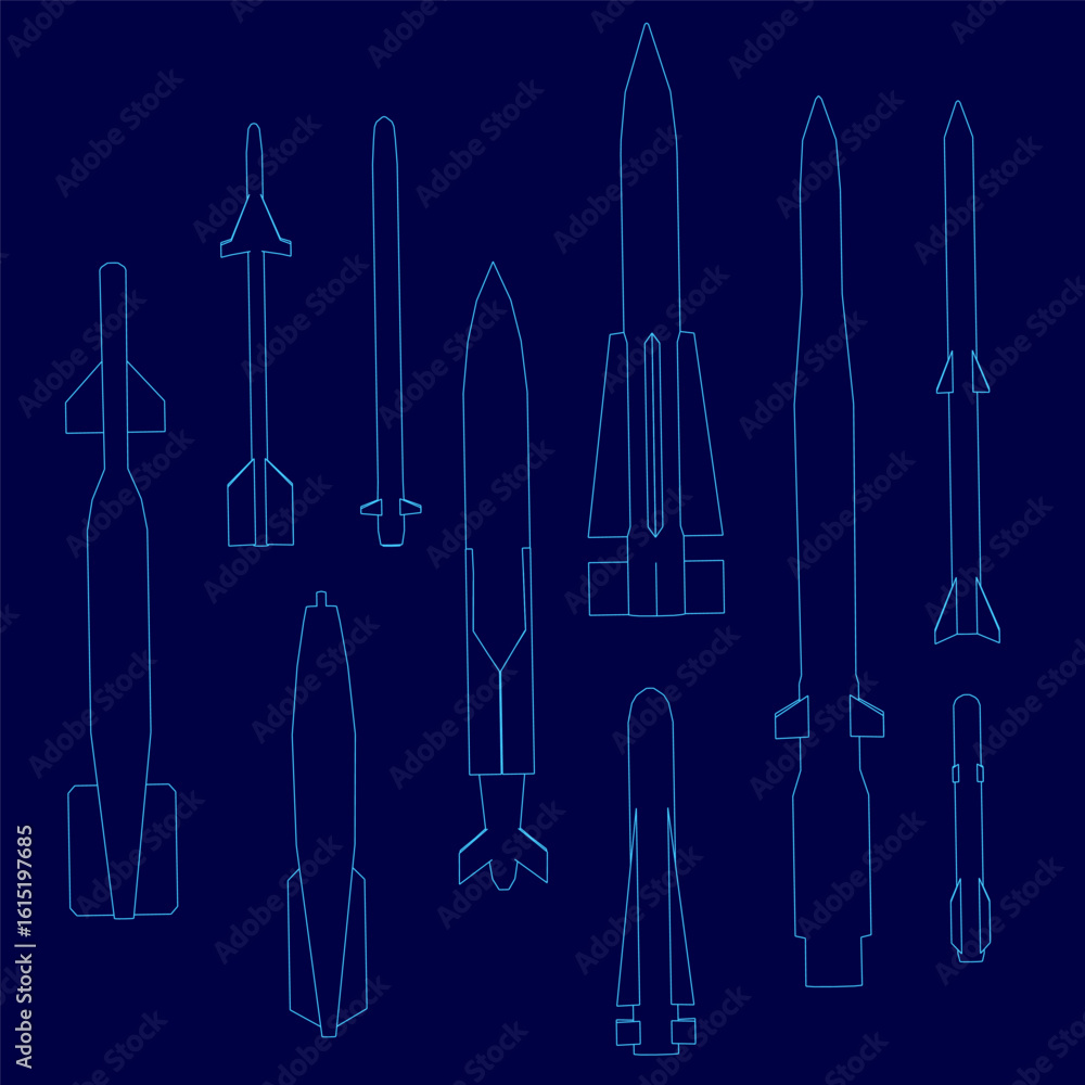 Poster a set of various rockets with distinct warheads and projectiles arranged in a line against a blue ba