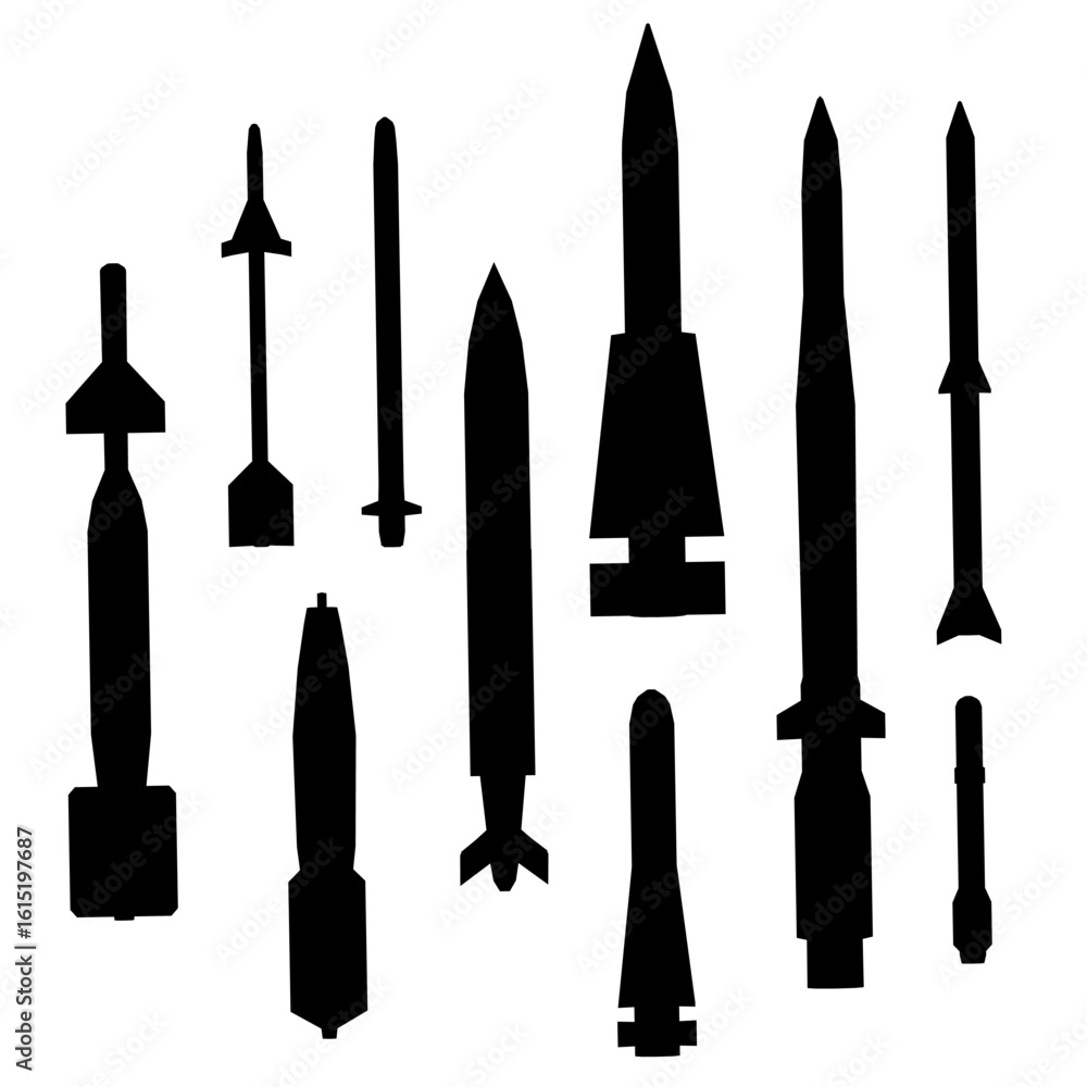 Poster black and white silhouettes of various missiles arranged in a clean set against a white background. 