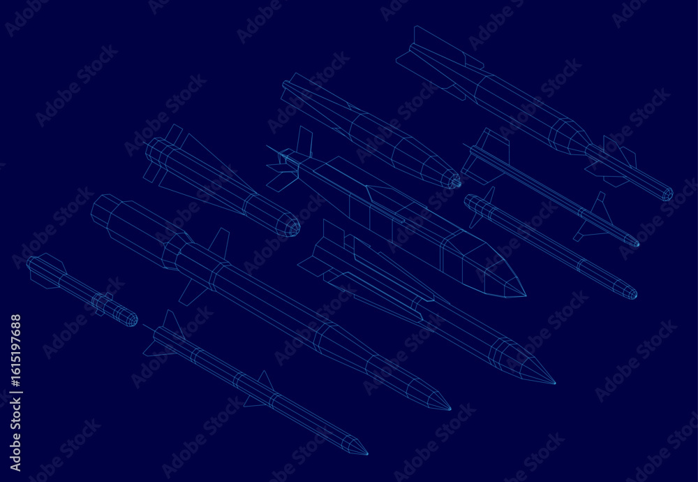 Poster a set of missile warheads in wireframe blueprint style, arranged in a precise line on a deep blue ba