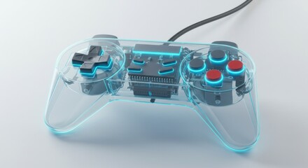 Translucent gaming controller with vibrant blue illumination representing the future