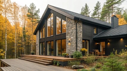 This captivating image showcases a unique residence, whether a gabled house or an A-frame, nestled in a breathtaking autumnal landscape