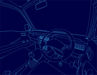 Blue line drawing of a car interior featuring a steering wheel, gear rod, speedometer, and rearview mirror. The contour style highlights essential elements with clean lines.