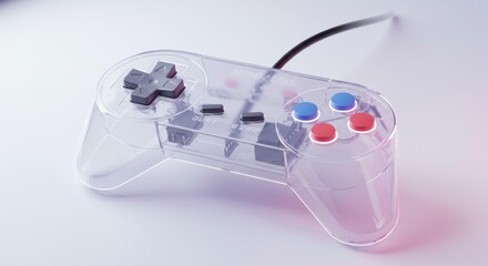 Translucent video game controller revealing its internal mechanics and aesthetic design