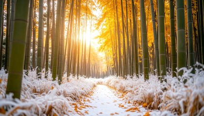 Sunlit path through a snowy bamboo forest with golden leaves