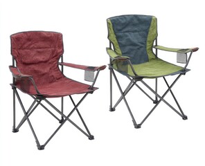 Two folding camping chairs in rust and teal/lime green