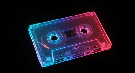 Vaporwave styled audio cassette with transparent plastic and neon gradient effect