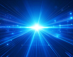 Fototapeta premium Digital Data Stream Exploding with Brilliant Blue Light and Particles Accelerating Towards a Central Point