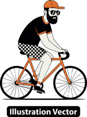 Obraz premium Vector illustration of a stylish bearded man with sunglasses riding an orange bicycle