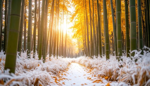 Sunlit path through a snowy bamboo forest with golden leaves